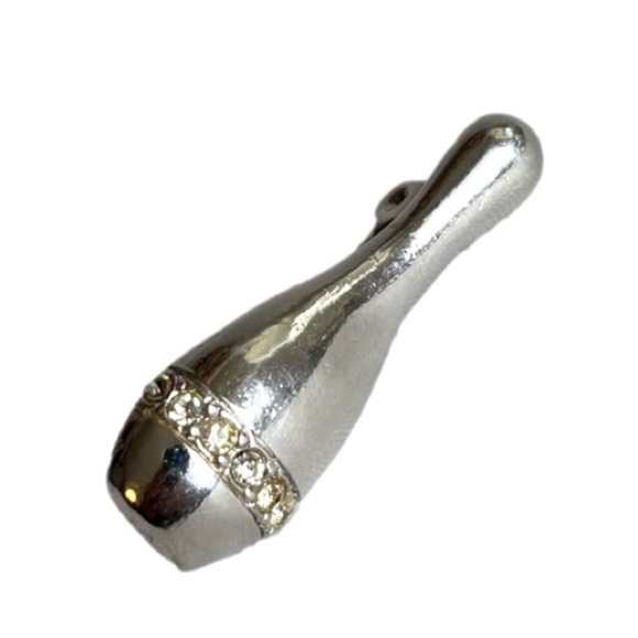 Silver Tone Bowling Pin With Crystals Unisex Brooch Pin - Picture 5 of 9